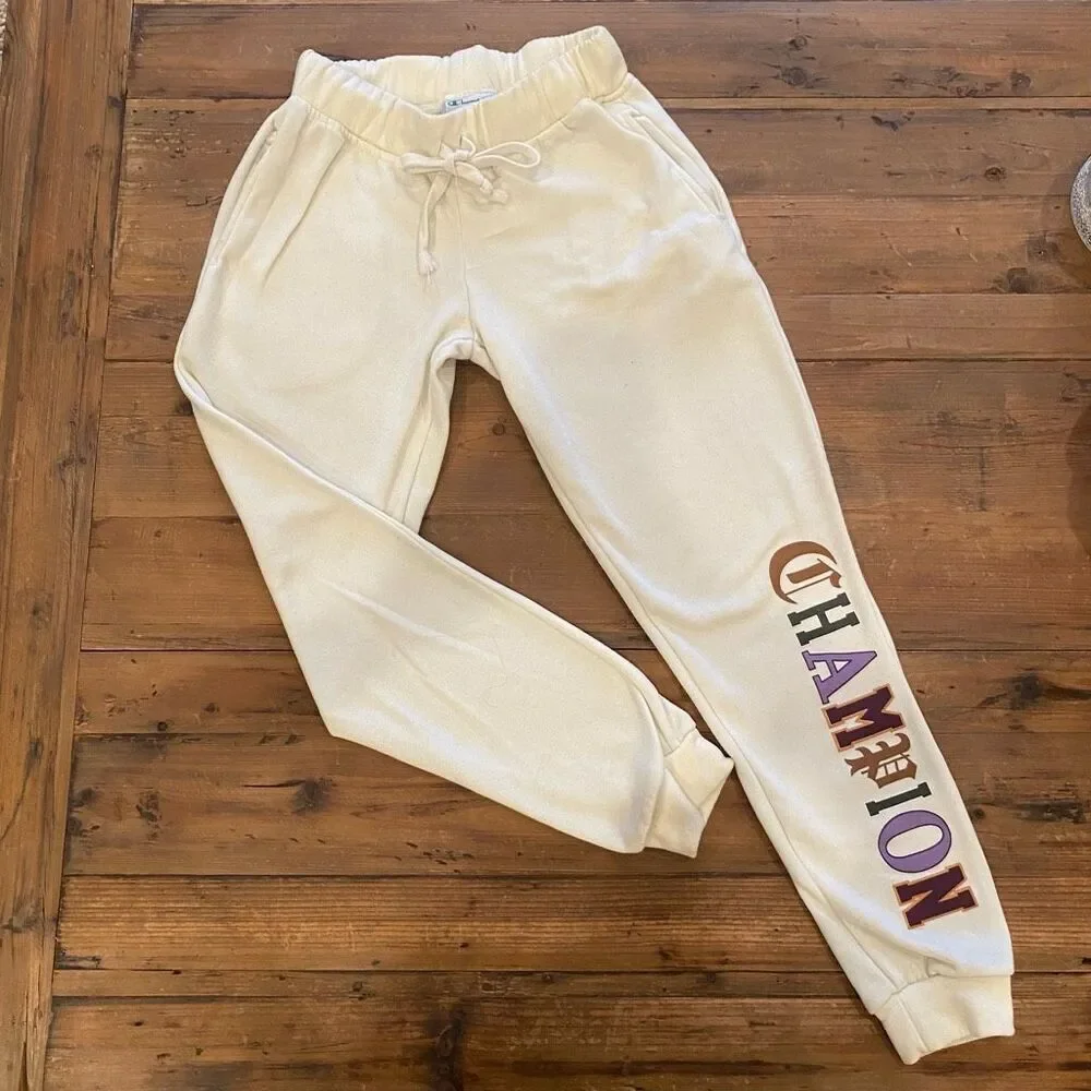 Champion Athletic Pants Off White Cream Multicolored Logo Youth Size L